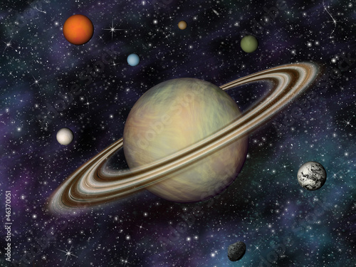 Fototapeta dla dzieci 3D Solar System. Saturn and its 7 largest moons.