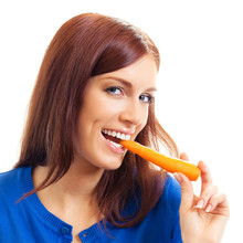 Cheerful Woman Eating Carrots, Over White