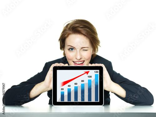 Foto-Doppelrollo - Business woman winking succesful over her tablet pc (von Karin & Uwe Annas)