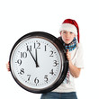 © rimmdream - Teenager in cap of Santa Claus and large clock, isolation