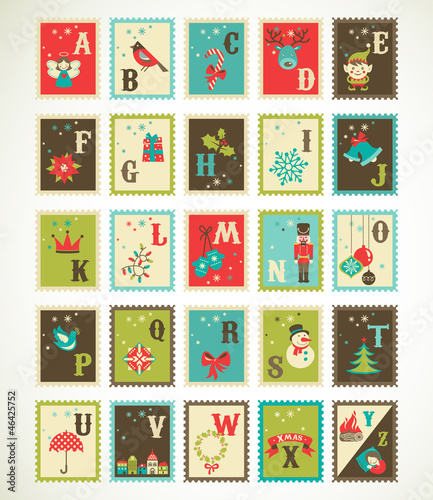 Board z aluminiowym obramowaniem Boże Narodzenie retro alfabet z słodkie wektorowe ikony xmas