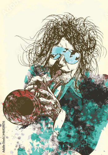 Naklejka - mata magnetyczna na lodówkę Musician, trumpeter. Hand drawing into vector