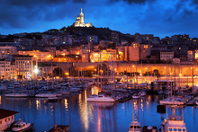 Marseille, France Panorama At Night, The Harbour.