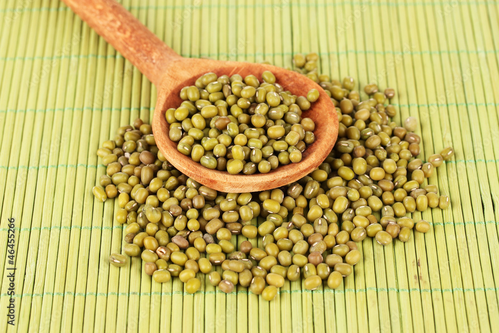 Mung beans over wooden spoon on color background