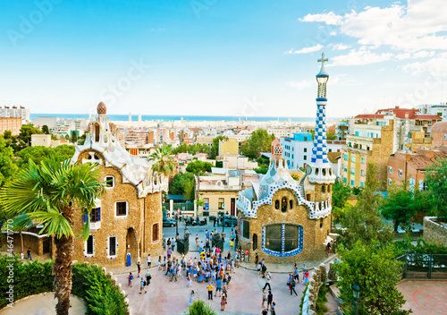 Fotoboard na płycie Park Guell w Barcelonie, Hiszpania.