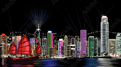 Naklejka samoprzylepna Wektorowa ilustracja Hong kong nocą