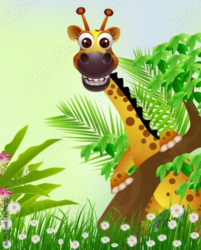 Foto-Flächenvorhang ohne Schienensystem - cute giraffe cartoon smiling with tropical forest background (von sunlight789)