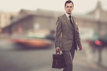 Wall Mural - Man in classic grey suit with briefcase  outdoors