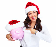 Santa Christmas Business Woman With A Piggy Bank.