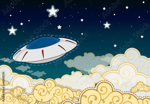 Naklejka samoprzylepna Cartoon style ufo - latający spodek w pochmurne niebo