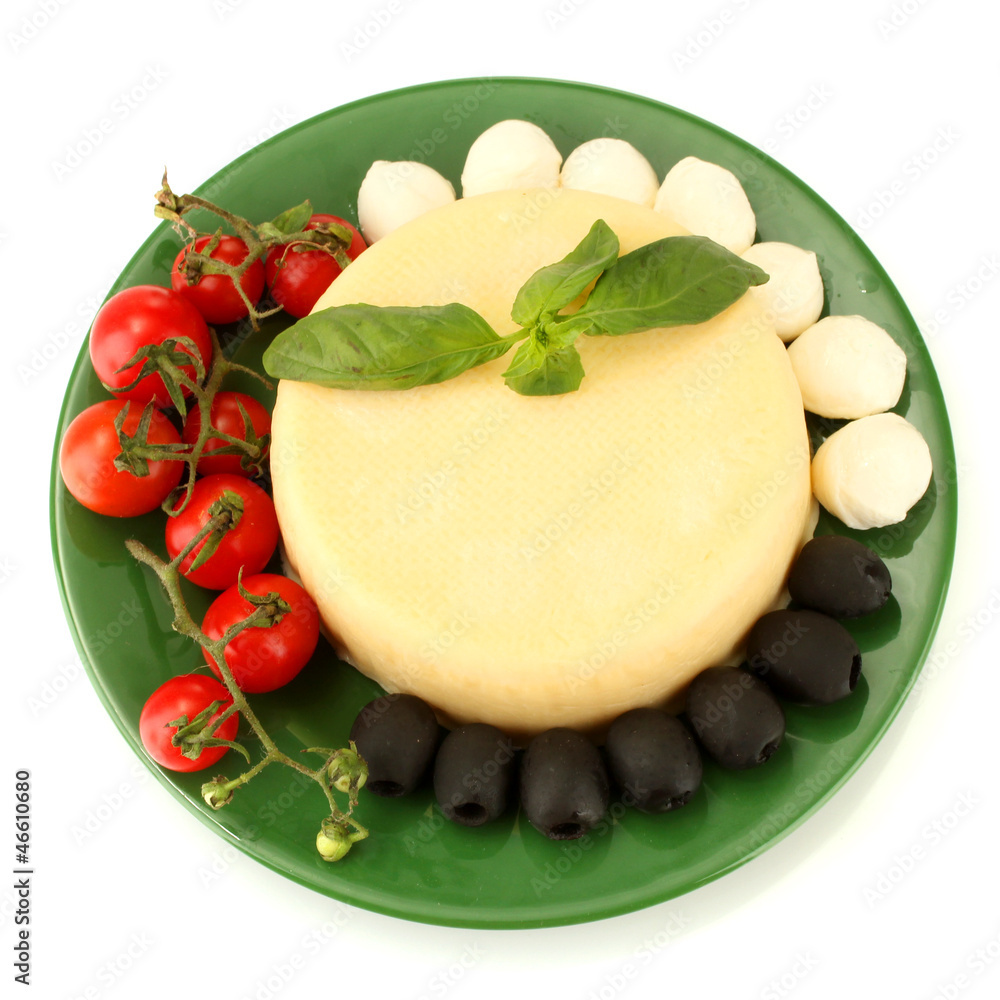 cheese mozzarella with vegetables in the plate isolataed