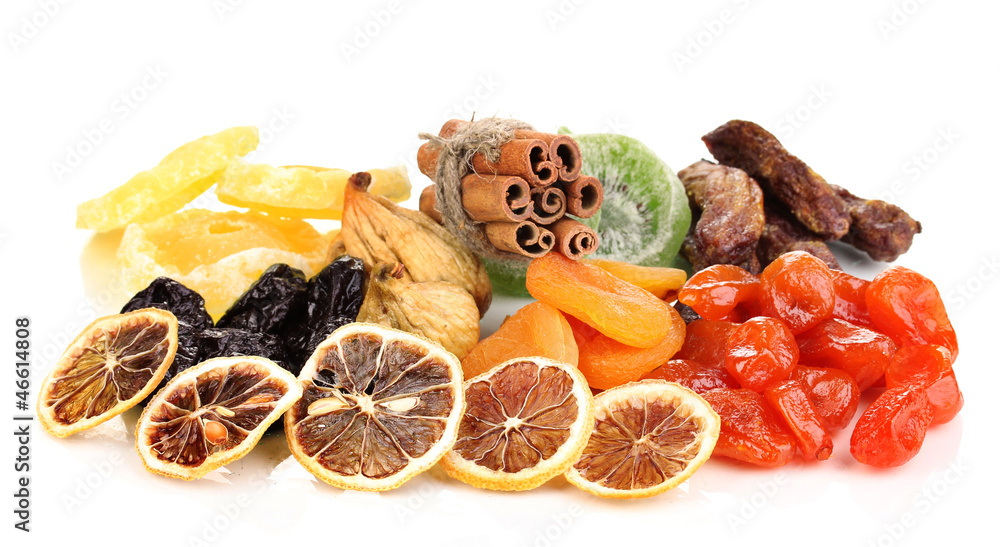 Dried fruits with cinnamon isolated on white