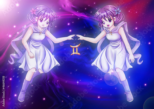 Board z aluminiowym obramowaniem Styl manga znak zodiaku na tle cosmic, gemini
