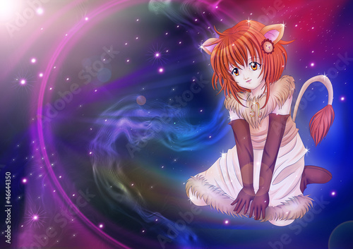 Board z aluminiowym obramowaniem Stylu manga znak zodiaku na kosmicznym tle, leo