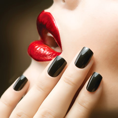 Poster - Makeup and Manicure. Black Nails and Red Lips