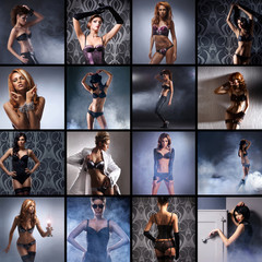 Sticker - A collage of young Caucasian woman posing in erotic clothes