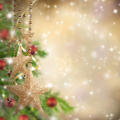 Wall Mural -  Christmas theme with golden glass stars and free space for text