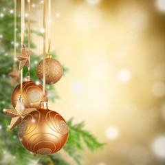 Wall Mural -  Christmas theme with golden glass balls and free space for text