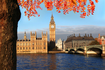 Fototapete - Big Ben with bridge in autumn, London, UK