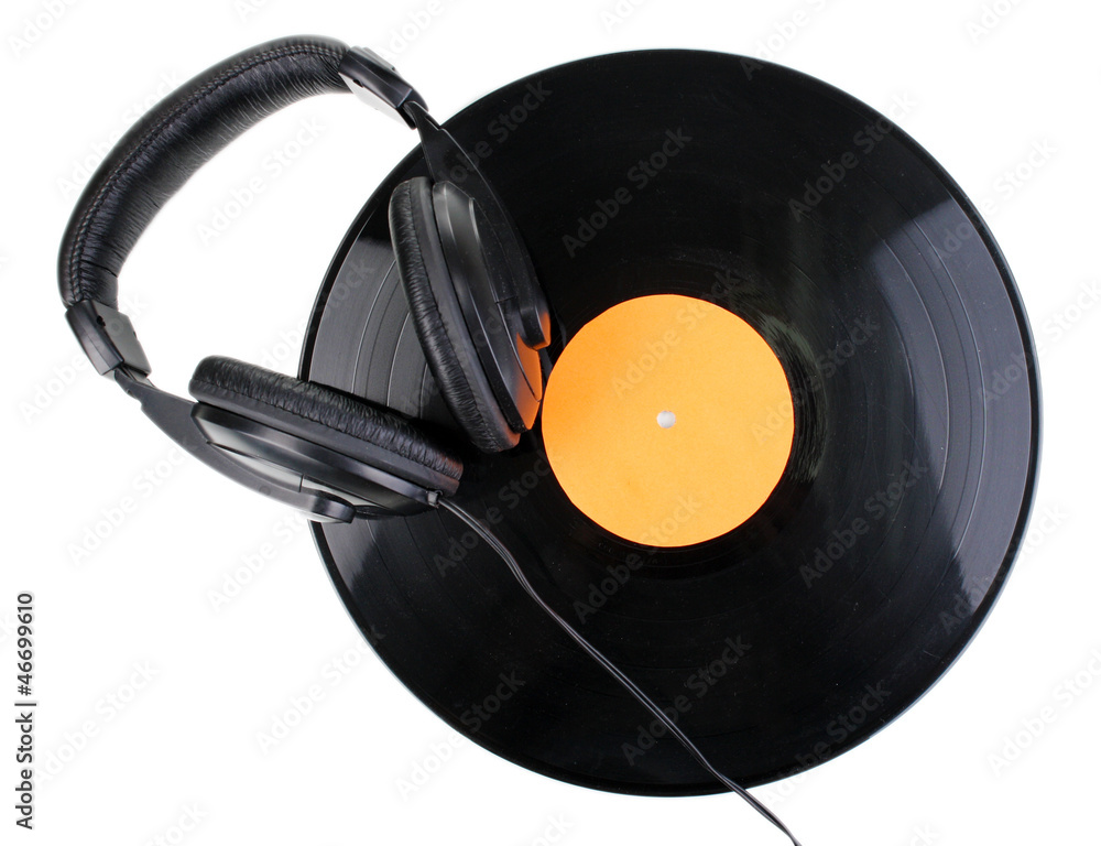 Black vinyl record and headphones isolated on white