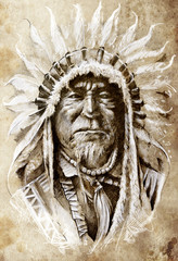 Papier Peint - Sketch of tattoo art, native american indian head, chief, vintag