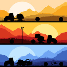 Agriculture Tractors Making Hay Bales In Cultivated Country Fiel
