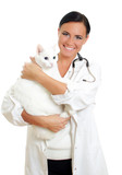 Veterinarian with a cat in her arms. Isolated on white.