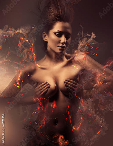 Naklejka - mata magnetyczna na lodówkę burning erotic sexy beautiful woman in dirty mist