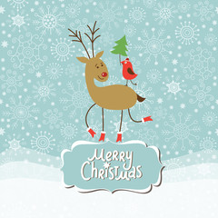 Poster - Christmas and New Year Greeting card, cute Deer and little Bird