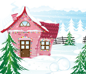 Wall Mural - Pink fairy house in winter forest