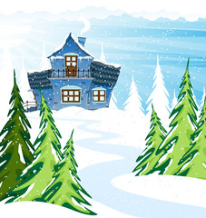 Wall Mural - Blue two-story house  in a pine forest