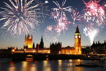 Fototapete - Fireworks over Palace of Westminster