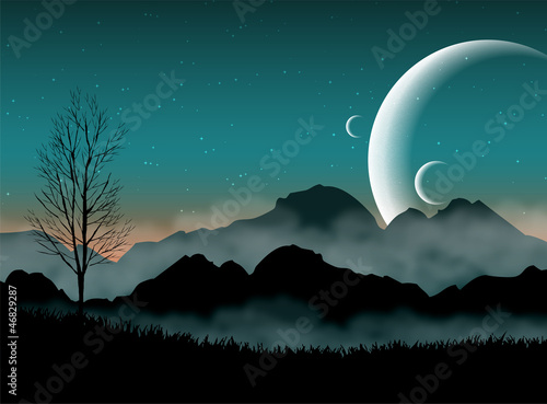Fotoboard na płycie Sf przestrzeń nocne niebo z góry sylwetka i bliskie planety