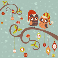 Christmas Card Of Owls In Hats Sitting On A Tree Branch