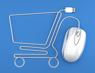 Online shopping, White mouse in the shape of a shopping cart