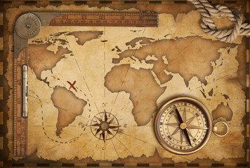 Wall Mural - aged treasure map, ruler, rope and old brass compass still life