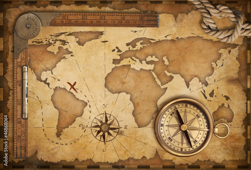 aged treasure map, ruler, rope and old brass compass still life Poster