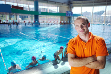 Poster - happy children group  at swimming pool