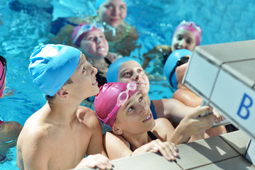 Sticker - happy children group  at swimming pool