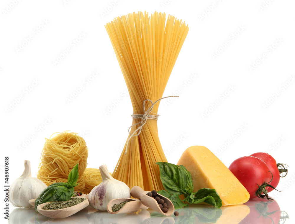 Pasta spaghetti, vegetables and spices, isolated on white