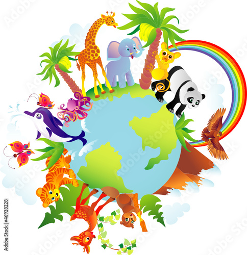 Fototapeta do kuchni Cartoon animals walking around a globe