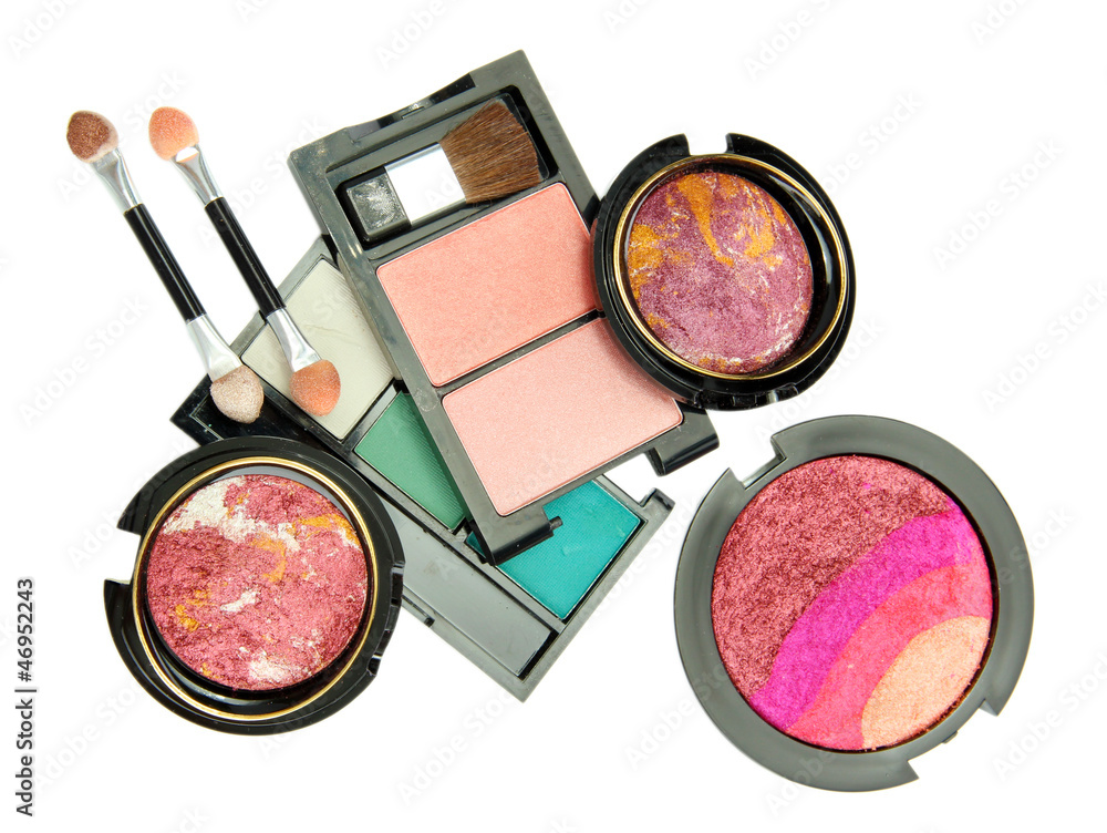 bright eye shadows and rouge with applicator, isolated on white