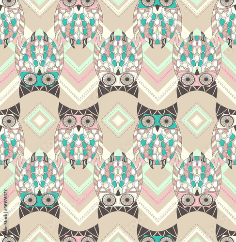 Fototapeta na wymiar Cute owl seamless pattern with native elements