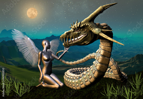 Obraz w ramie Dragon & Angel - Fantasy Scene