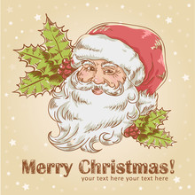 Christmas Retro Postcard With Cute Smiling Santa Claus
