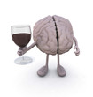 brain with arms and legs and glass of red wine
