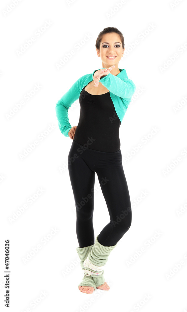 young beautiful brunette warming-up isolated on white