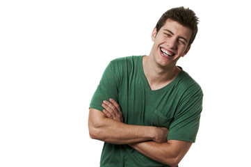 young handsome male model laughing posing white background studi