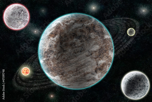Plakat na papierze fotorealistycznym Nowy układ planetarny, abstrakcyjne tło kosmiczne z planetami