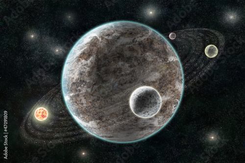 Plakat na papierze fotorealistycznym Nowy układ planetarny, abstrakcyjne tło kosmiczne z planetami